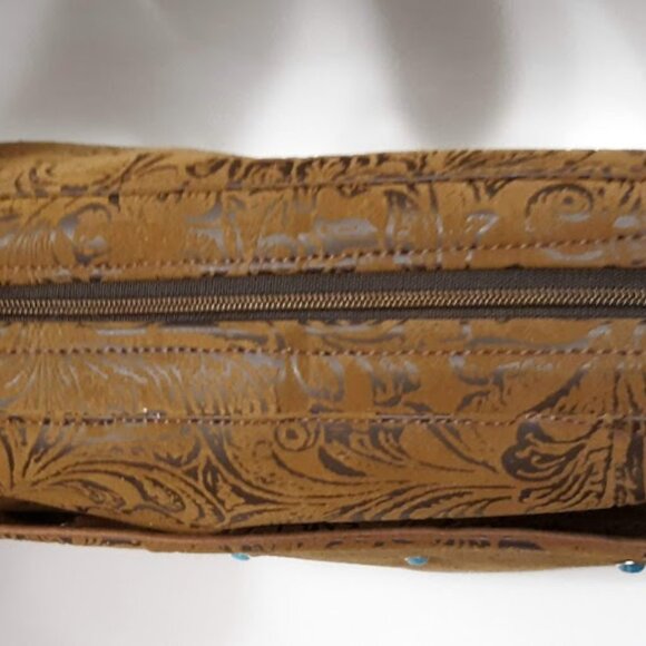 NEW Western Tooled Floral Faux Leather Satchel Shoulder Bag Rich Brown Turquoise - Picture 10 of 11